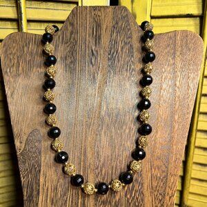 Vintage Faceted Black Bead and Goldtone Necklace
